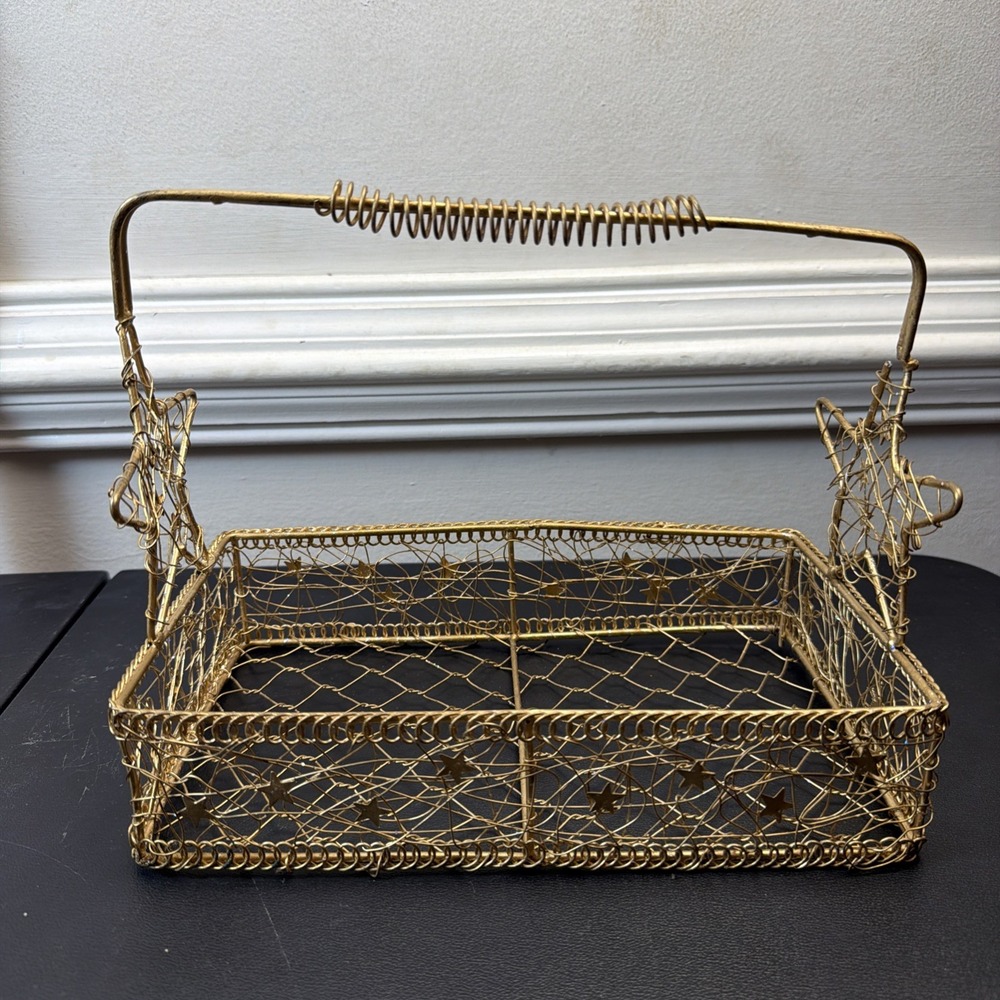 Vtg Celestial wire metal basket Stars design Space Astrology Whimsy 6x10